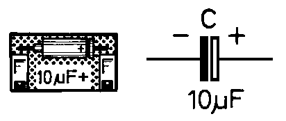 10-uF-Elektrolytkondensator in Aufbauzeichnung und Schaltbild